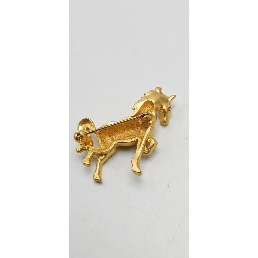 Clear Rhinestone Eyed Matte Gold Tone Vintage Horse Pin Brooch